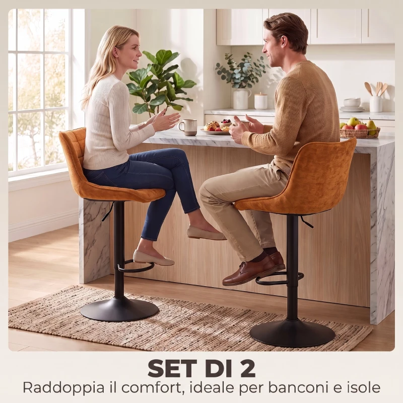 HOMCOM Set 2 Sgabelli da Bar Girevoli e Regolabili con Base in Metallo e Schienale in Velluto, Arancione