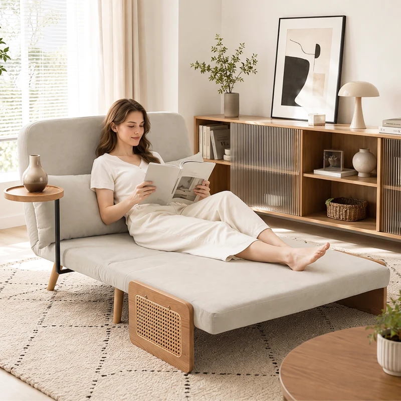 HOMCOM Sofá-Cama 2 Lugares 3 em 1 em Chenille com Encosto Ajustável Mesa Lateral e 2 Almofadas Creme