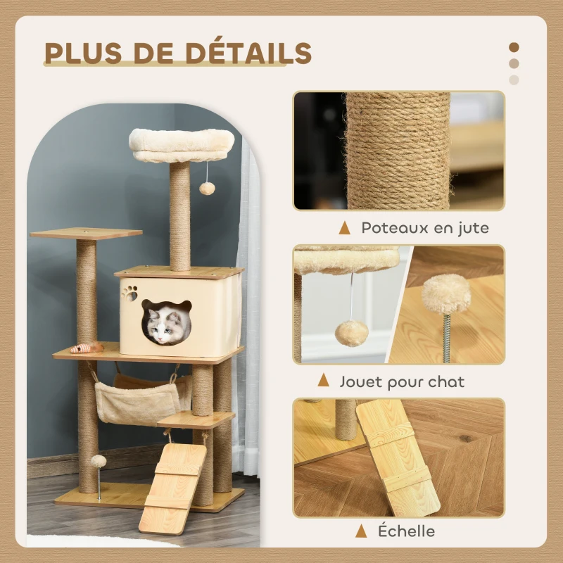 PawHut Arbre à chat tour de jeux pour chat, platesformes, niche, lit, hamac, échelle et griffoirs en jute 60x40x130cm jaune