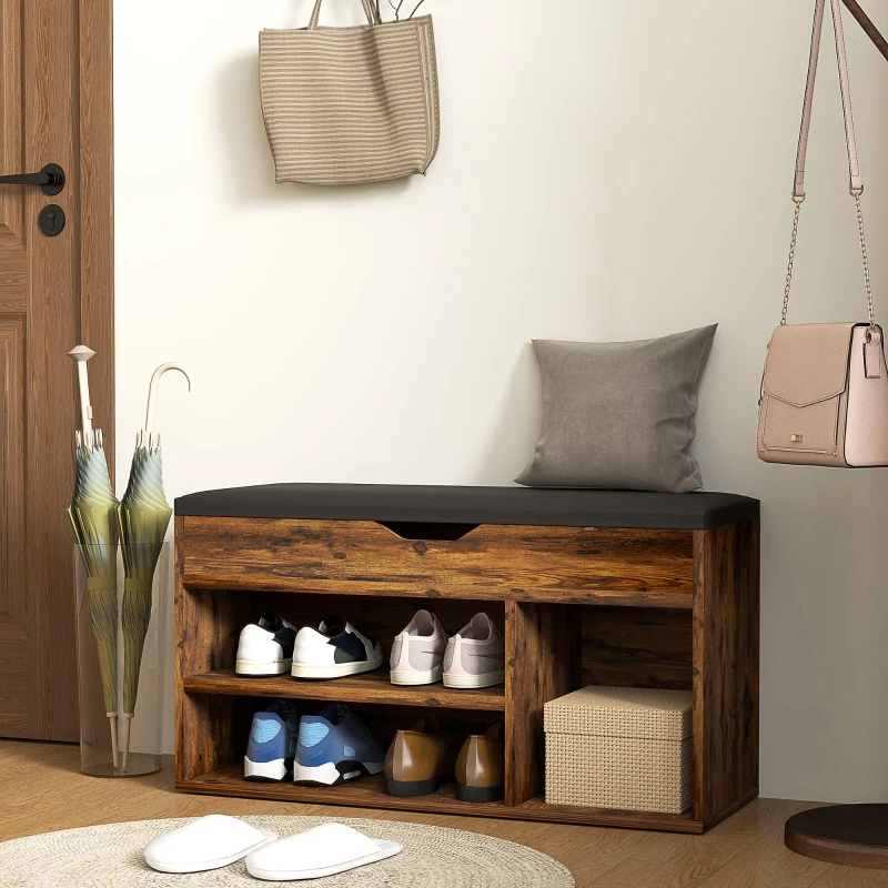 HOMCOM Meuble Chaussures Banc à Chaussures 2 Niveaux Rangement, Niche + Coffre intégré avec Coussin Effet bois d'acajou