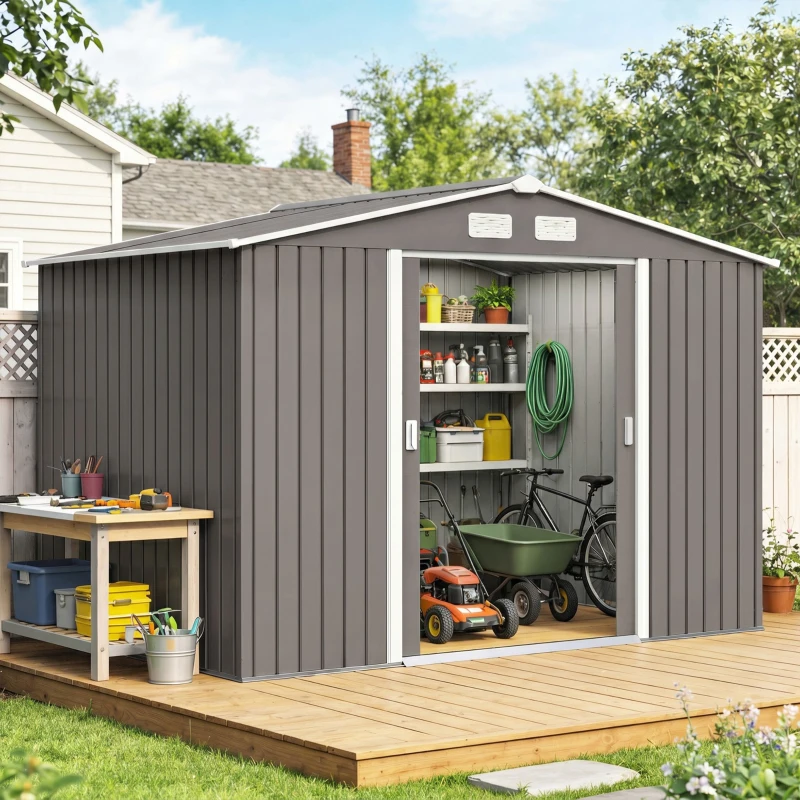 Outsunny Abri de jardin 5,4 m² 2,77 x 1,95 x 1,92 m kit de fondation porte coulissante ventilations acier galvanisé, gris
