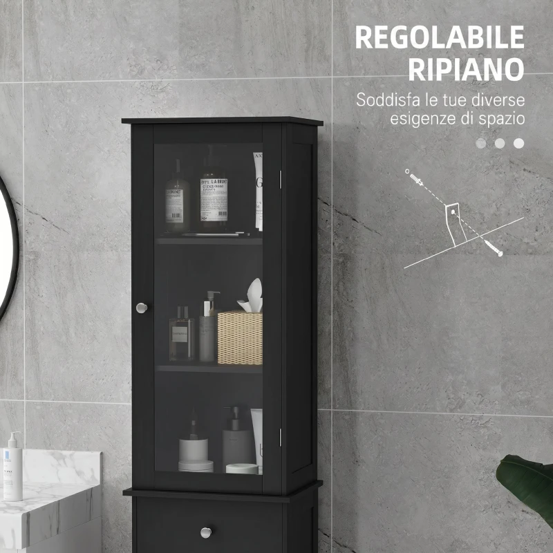 kleankin Mobile Colonna Bagno Salvaspazio con Armadietto, Cassetto e Ripiani in MDF, 40x27x171.5cm, Nero