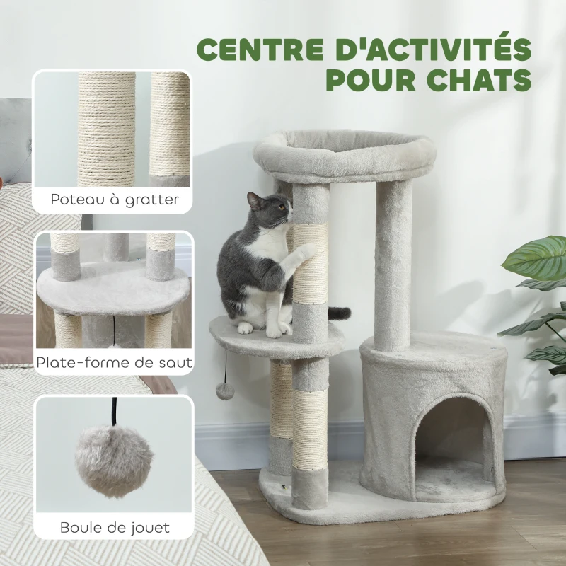 PawHut Arbre à chat tour de jeux pour chats griffoirs, plate-forme, niche, balle, tissu peluche, 60 x 45 x 90 cm, gris clair