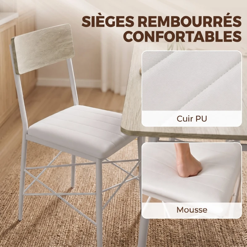 HOMCOM Ensemble Table Salle à Manger avec 2 Chaises et Banc, Assises Rembourrées, pour Salon, Petit Espace, Chêne et Blanc
