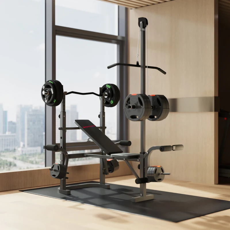 SPORTNOW Panca Palestra Multifunzione Regolabile con Rack Bilanciere con Leg Extension, Low Row, Arm Curl, Nero