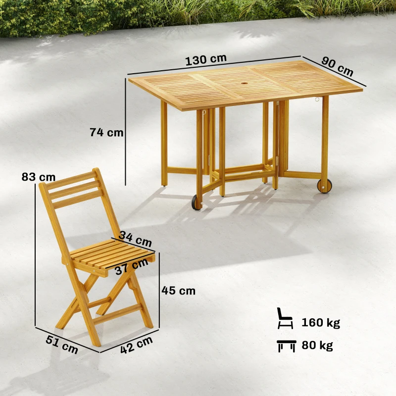 Outsunny 7 Pieces Garden Dining Set, Extending Dining Table and 6 Folding Chairs with Umbrella Hole for Patio, Natural Wood
