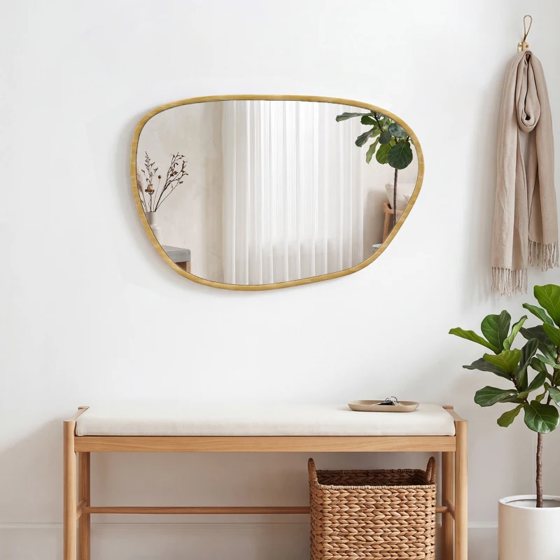 HOMCOM Miroir mural, miroir décoratif asymétrique 90x60cm en verre trempé pour salle de bain, chambre, salon, couloir, naturel