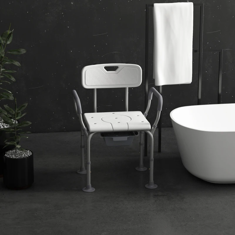 HOMCOM Silla de Ducha 3 en 1 con Respaldo y Apoyabrazos Altura Ajustable y Pies Antideslizantes Blanco