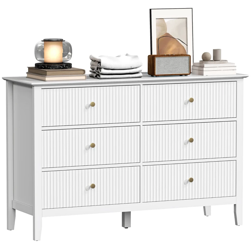 HOMCOM Commode cannelée 6 tiroirs, poignées et 5 pieds pour couloir salon entrée, Blanc