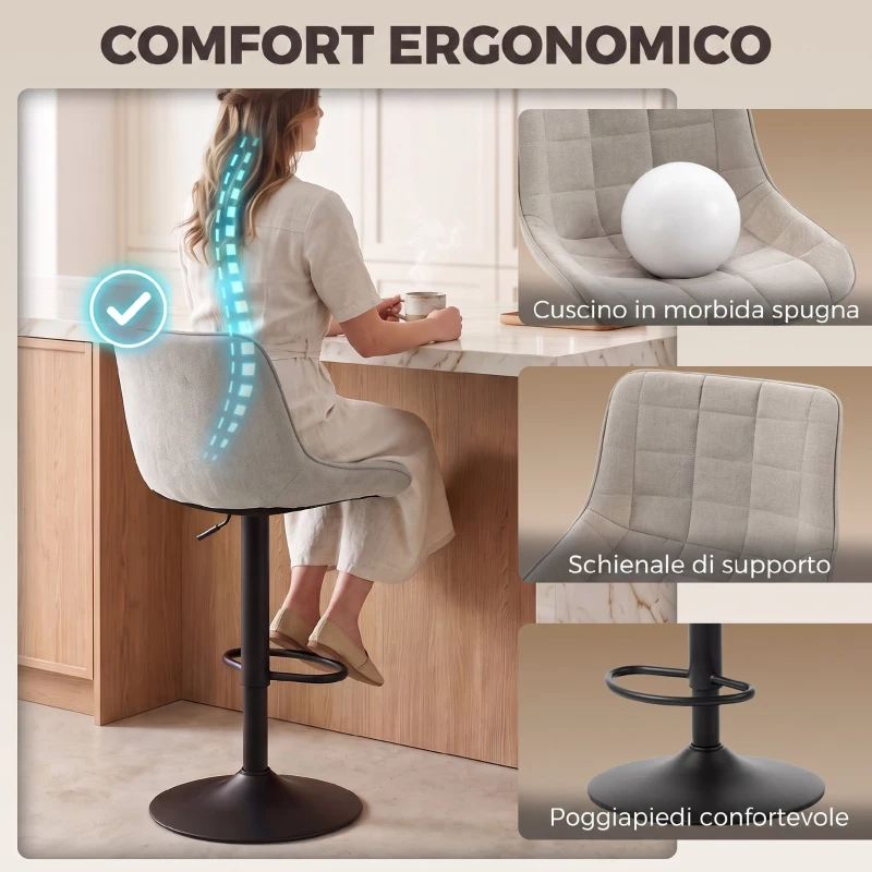HOMCOM Set 2 Sgabelli Bar Girevoli Regolabili con Base in Metallo e Schienale, Bianco Crema