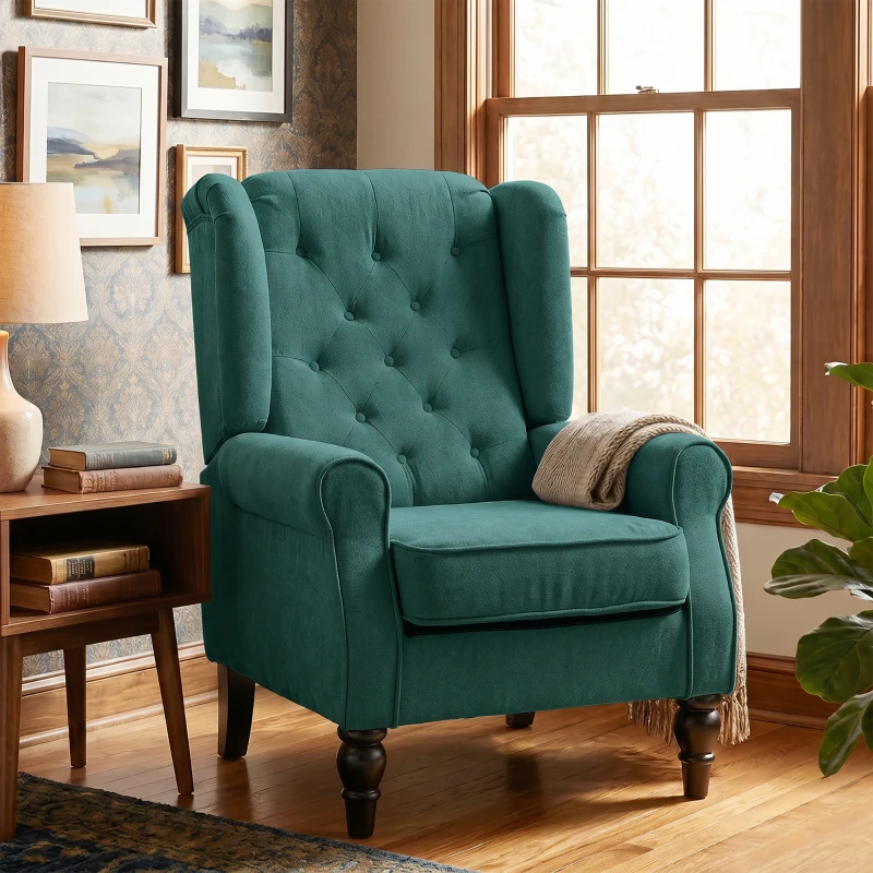HOMCOM Elegante oorfauteuil, dik gewatteerd, afneembare bekleding, 74 x 86 x 102 cm, Donkergroen