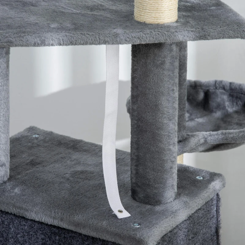 PawHut Albero Tiragraffi per Gatti Alto 127 cm con Pali Graffiatoi in Sisal, Rampa, Cesto, Cuccia, Amaca, Grigio