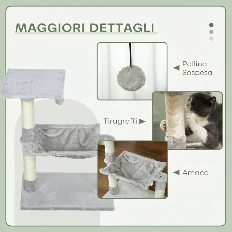 PawHut Tiragraffi per gatti 70 cm con amaca, piattaforma e pali in sisal, grigio chiaro