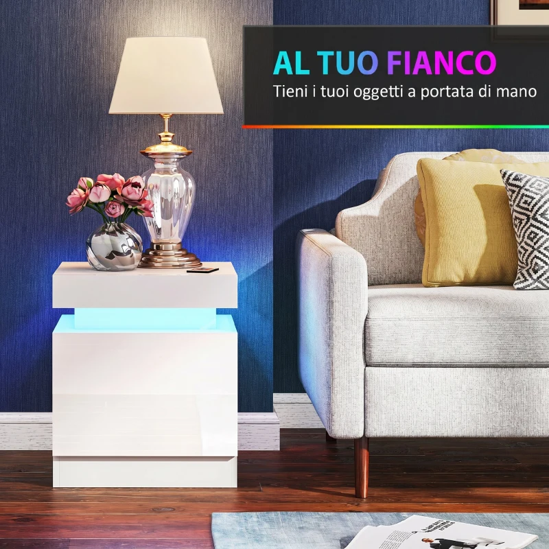 HOMCOM Set 2 Comodini LED a 16 Colori e 4 Modalità con 2 Cassetti, in Legno, 45x35x52 cm, Bianco Lucido