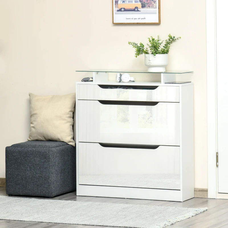 HOMCOM Zapatero Estrecho de 2 Puertas Mueble Zapatero para 16 Pares de Zapatos con Cajón Estante Abierto y Encimera de Vidrio para Pasillo Entrada 89x23x96 cm Blanco