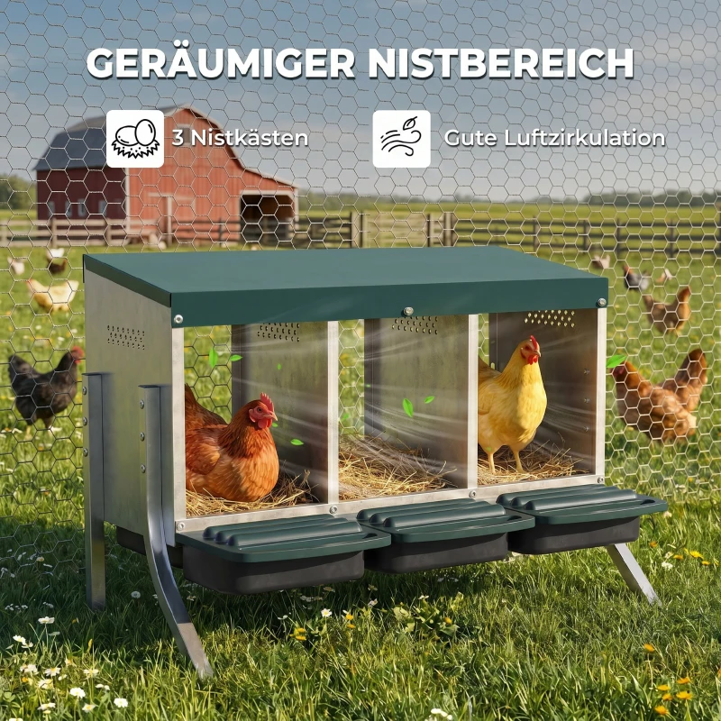 PawHut Legenest für Hühner, Abrollnest mit Belüftungslöchern, 3 Fächer, Hühnernest für 3 Hühner, 84 x 55 x 61 cm, Silber
