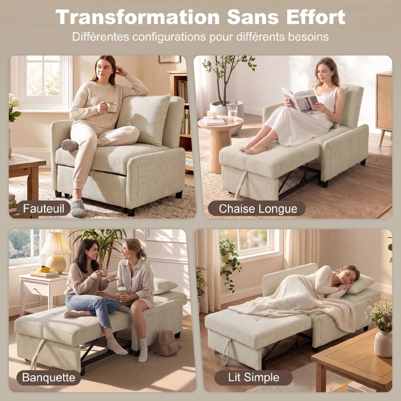 HOMCOM Fauteuil Convertible 1 Place, Fauteuil-Lit Clic-Clac 4 en 1 Rembourré en Chenille, Dossier Réglable, Assise Large, Beige