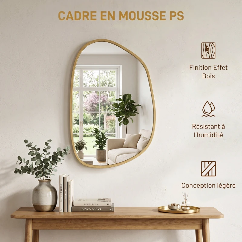 HOMCOM Miroir mural, miroir décoratif asymétrique 90x60cm en verre trempé pour salle de bain, chambre, salon, couloir, naturel