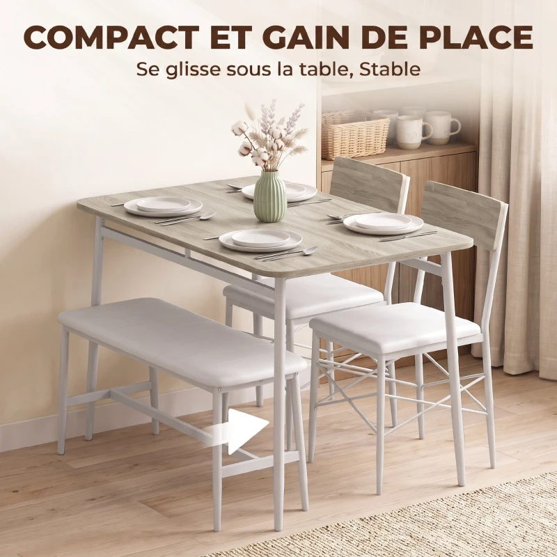 HOMCOM Ensemble Table Salle à Manger avec 2 Chaises et Banc, Assises Rembourrées, pour Salon, Petit Espace, Chêne et Blanc