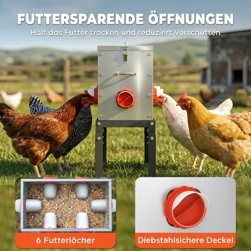 PawHut Futterautomat Hühner 18 kg Füllmenge mit abschließbarer Deckel verstellbarer Beine 6 Öffnungen 42x25x55,5 cm Silber