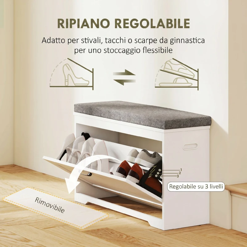 HOMCOM Panca Scarpiera da Ingresso con Seduta Imbottita, Anta a Ribalta e Scaffale Regolabile, per 6-8 Paia, Bianco