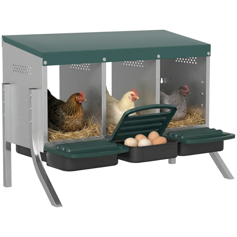 PawHut Legenest für Hühner, Abrollnest mit Belüftungslöchern, 3 Fächer, Hühnernest für 3 Hühner, 84 x 55 x 61 cm, Silber