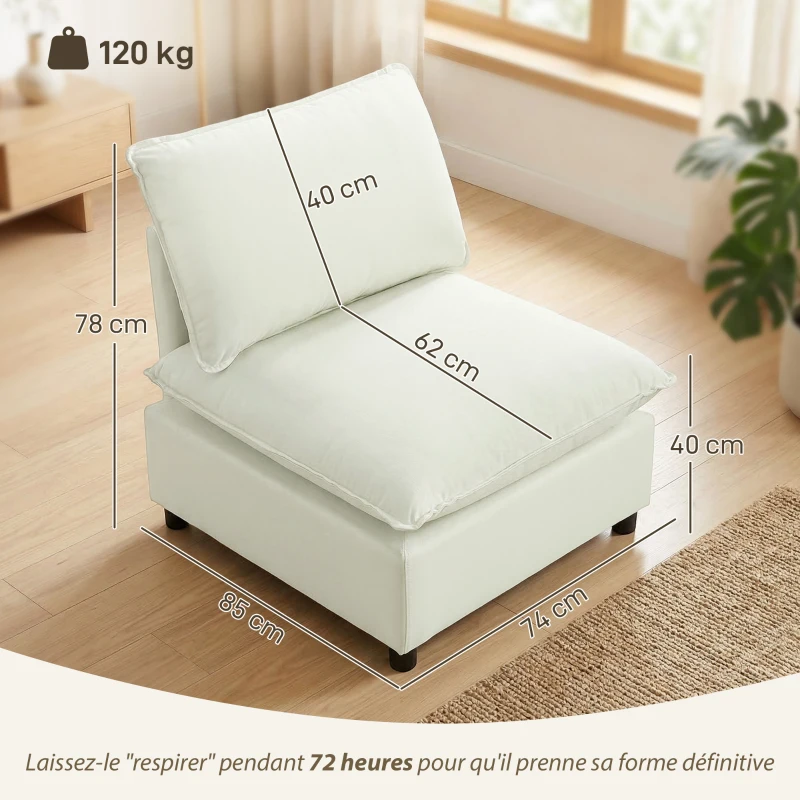 HOMCOM Fauteuil de salon, canapé 1 place moderne sans accoudoirs avec assise large, coussins épais, 146x85x78cm, crème
