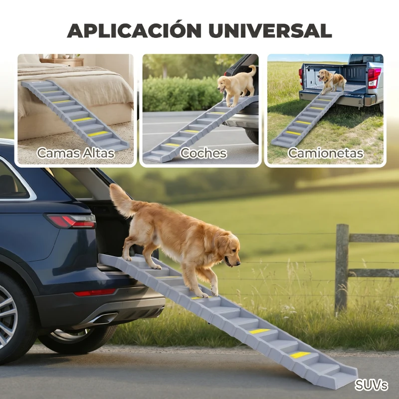 PawHut Rampa para Perros Plegable 154 cm Rampa para Perros para Coche Cama con 10 Escalones Antideslizantes Carga 25 kg Gris