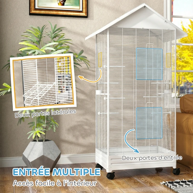 PawHut Cage oiseau sur pied volière oiseaux intérieure sur roulettes 2 mangeoires 8 perchoirs 79 x 65 x 155 cm fil d'acier blanc