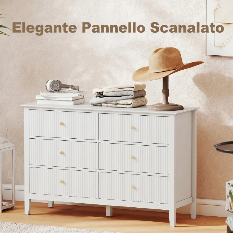 HOMCOM Cassettiera Camera da Letto Scanalato con 6 Cassetti, Maniglie e 5 Gambe per Corridoio Soggiorno Ingresso, Bianco