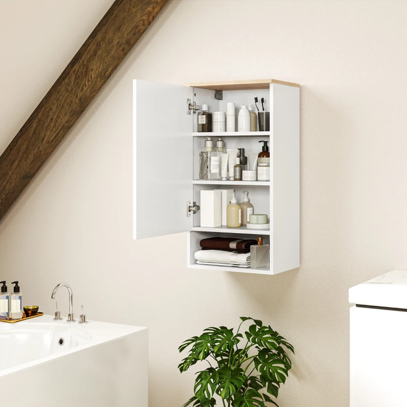 HOMCOM Wandmontierter Badezimmerschrank, Wandschrank für Badezimmer mit verstellbaren Ablagen, offenem Fach, Holz, Weiß