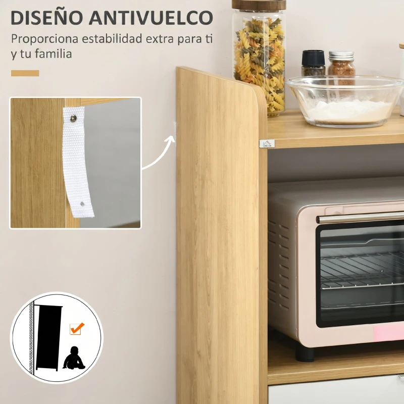 HOMCOM Mueble Microondas Estilo Escandinavo con Armario Cajón y Estante Ajustable 58x40x118 cm Natural y Blanco