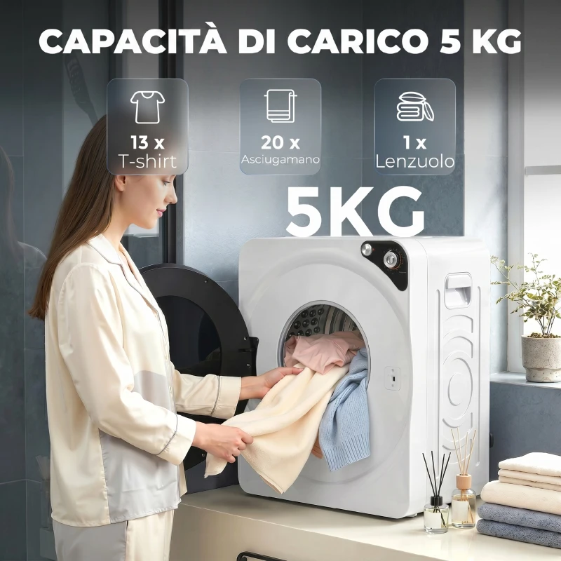 HOMCOM Asciugatrice Portatile da 1000W con 5 Programmi e Timer, in PCM e Acciaio Inox, 49x43x61 cm, Bianco
