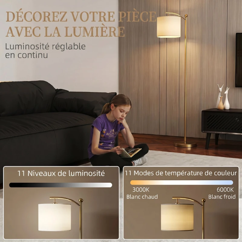 HOMCOM Lampadaire dimmable 2 températures de couleur avec télécommande, minuterie de 60 minutes, 160 cm, doré