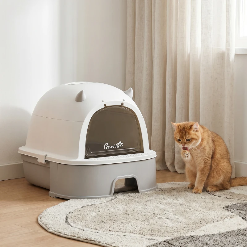 PawHut Katzentoilette Edelstahl mit abnehmbarem Deckel, Schaufel & Aktivkohlefilter für kleine bis mittelgroße Katzen, Grau