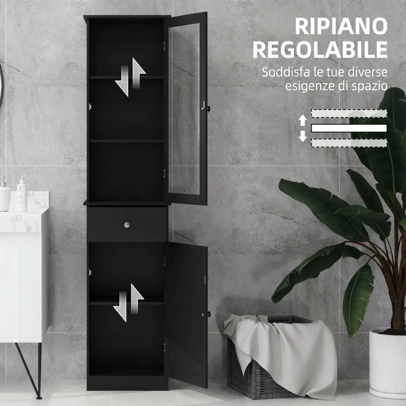 kleankin Mobile Colonna Bagno Salvaspazio con Armadietto, Cassetto e Ripiani in MDF, 40x27x171.5cm, Nero