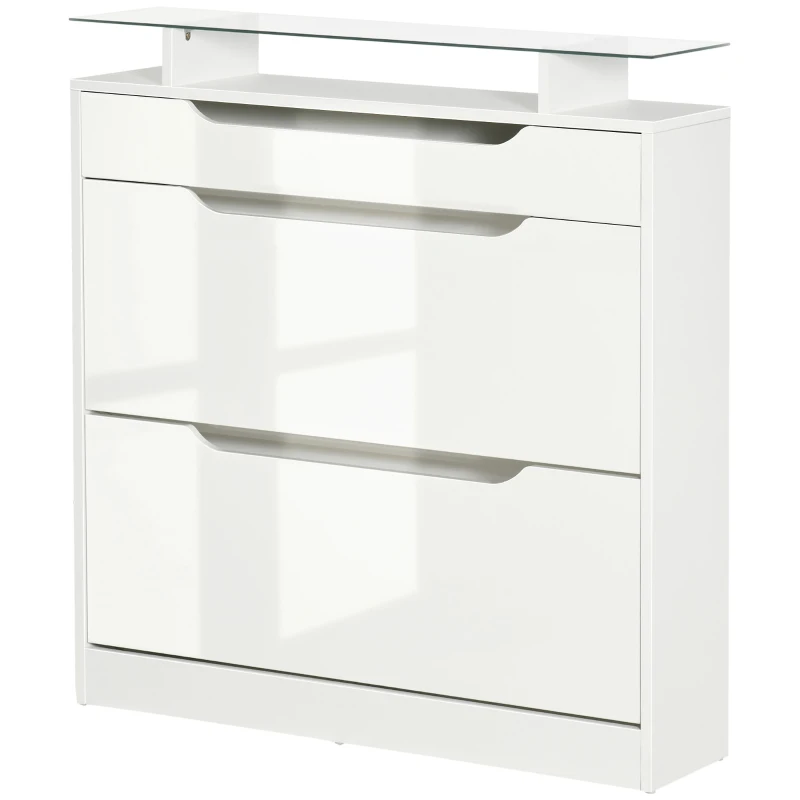 HOMCOM Zapatero Estrecho de 2 Puertas Mueble Zapatero para 16 Pares de Zapatos con Cajón Estante Abierto y Encimera de Vidrio para Pasillo Entrada 89x23x96 cm Blanco