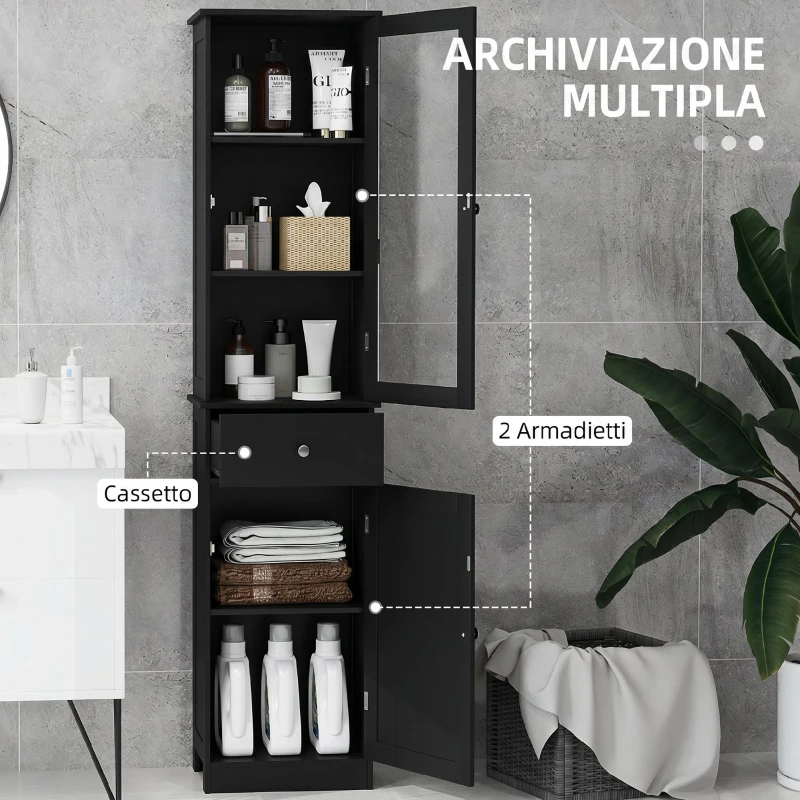 kleankin Mobile Colonna Bagno Salvaspazio con Armadietto, Cassetto e Ripiani in MDF, 40x27x171.5cm, Nero