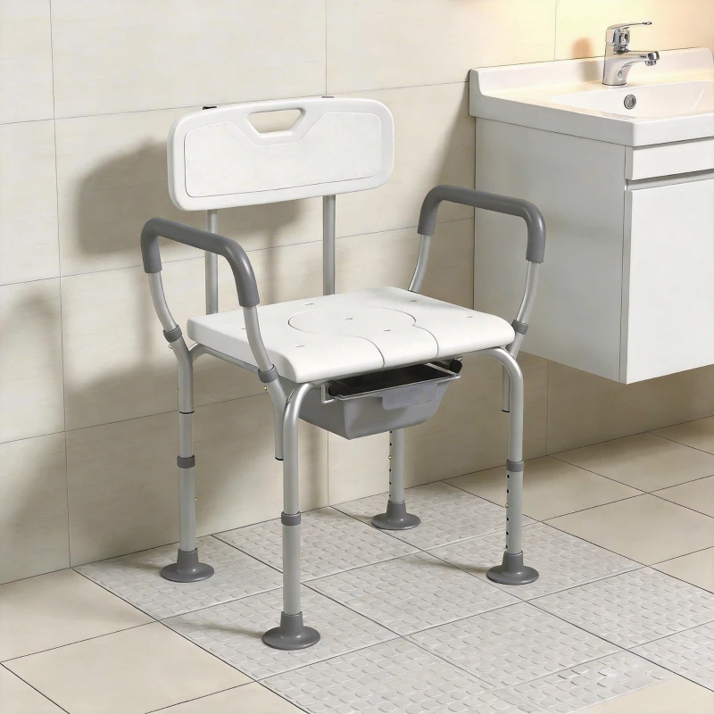 HOMCOM Silla de Ducha 3 en 1 con Respaldo y Apoyabrazos Altura Ajustable y Pies Antideslizantes Blanco