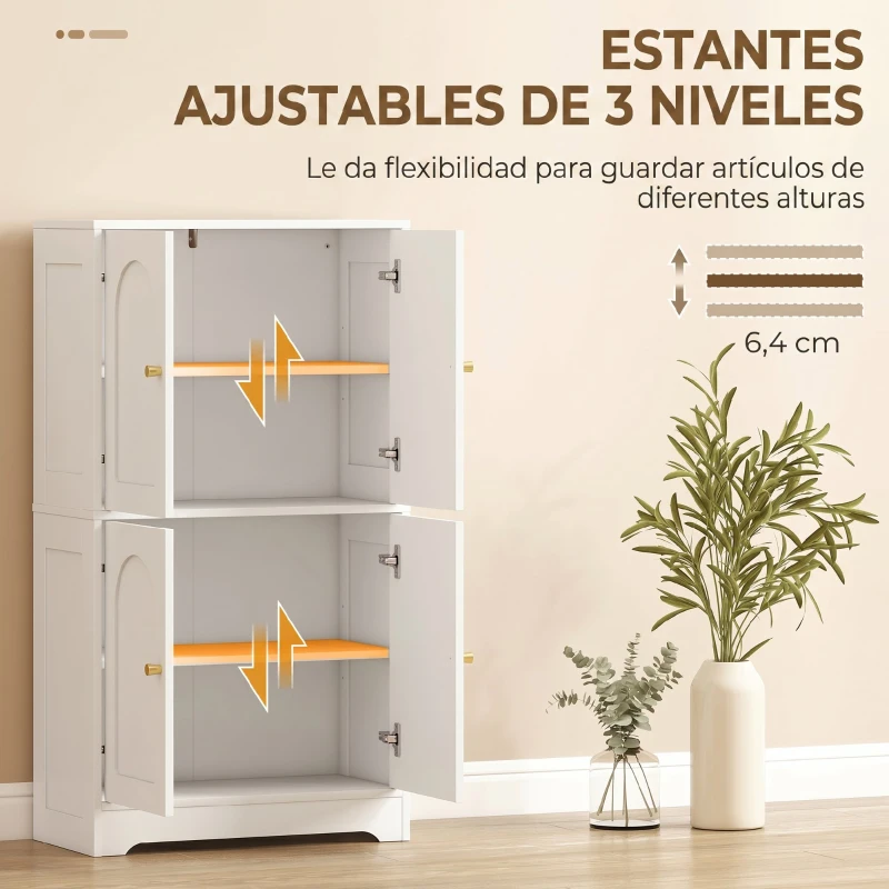 Homcom Alacena de Cocina, Armario Alto con 2 Estantes Ajustables, Aparador con 4 Puertas Abovedadas 60X30X110 cm, Blanco