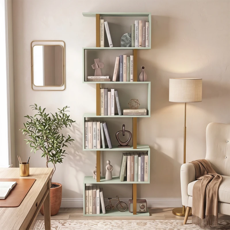 HOMCOM S-Shaped Bookshelf, 5-Tier Bookcase, Freestanding Storage Shelves with Anti-Tip Strap for Living Room, Light Green