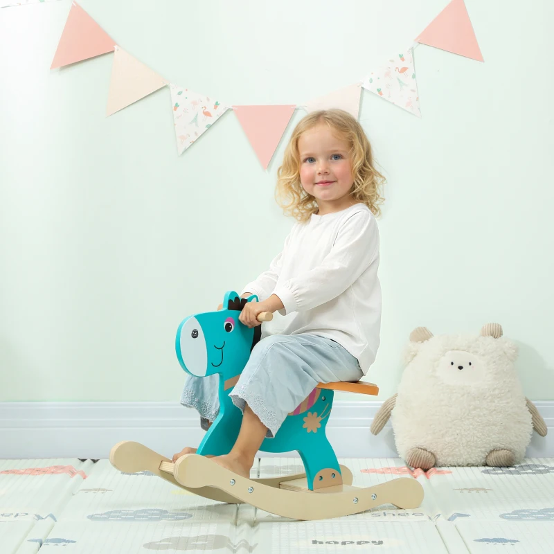 AIYAPLAY Cheval à bascule pour enfants, âne jouet à bascule bébé en bois avec guidon et base stable, 59 x 27 x 43 cm, vert foncé