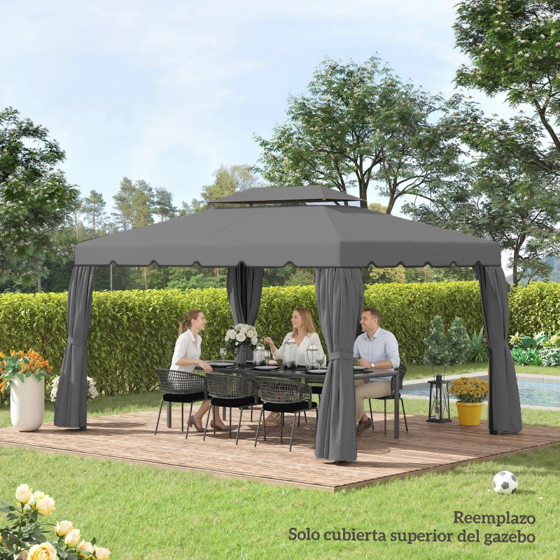 Outsunny Toldo de Recambio para Cenador 4x3 m con Techo Doble Orificios de Drenaje Solo Toldo NO Incluye Marco Gris Claro