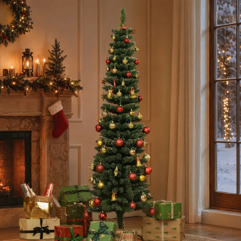 HOMCOM 5.5FT Artificial Snow Dipped Christmas Tree Xmas Pencil Tree Holiday Home Indoor Decoration with Foldable Black Stand, Green