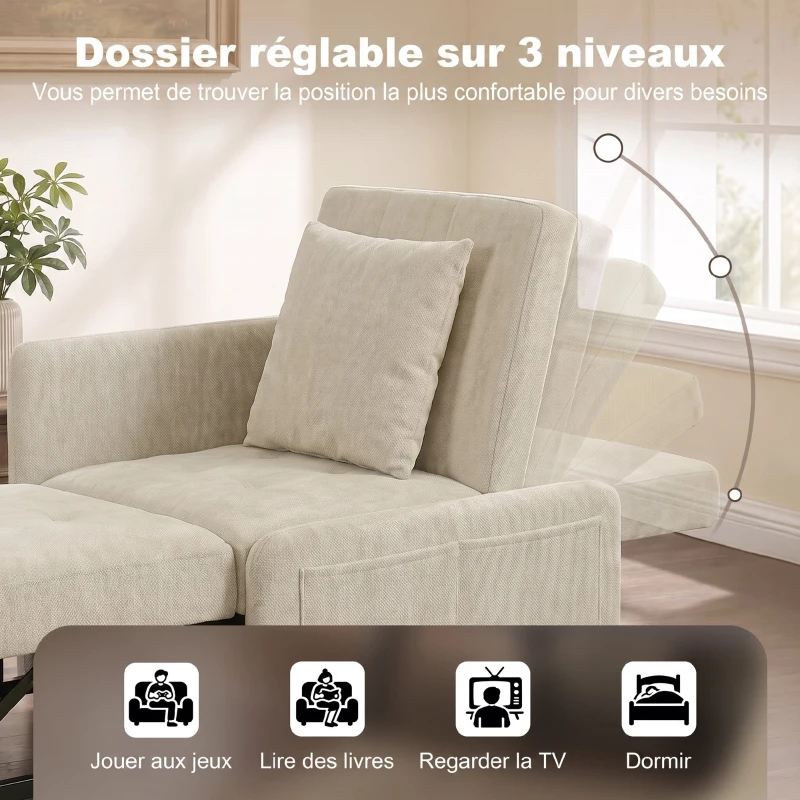 HOMCOM Fauteuil Convertible 1 Place, Fauteuil-Lit Clic-Clac 4 en 1 Rembourré en Chenille, Dossier Réglable, Assise Large, Beige