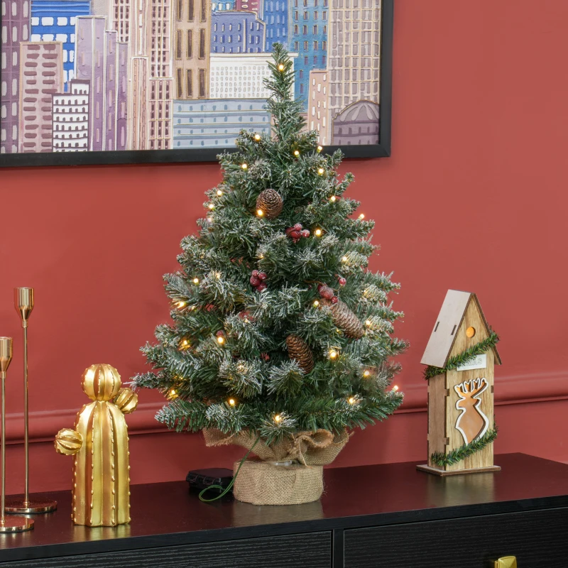 HOMCOM Weihnachtsbaum mit LED-Beleuchtung, 60 cm, Tannenzapfen und rote Beeren, inkl. Ständer, Grün/Weiß