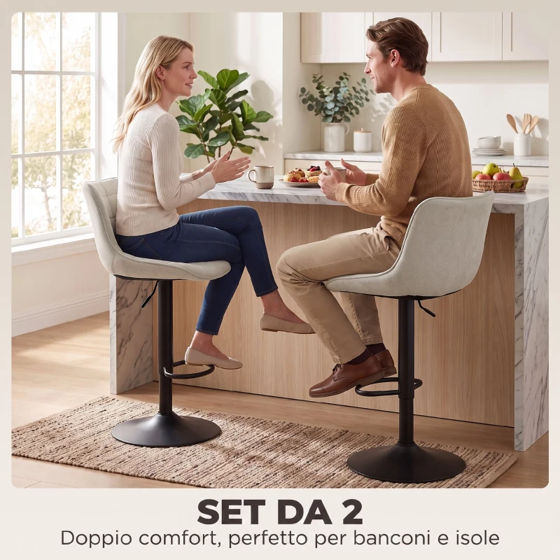 HOMCOM Set 2 Sgabelli Bar Girevoli Regolabili con Base in Metallo e Schienale, Bianco Crema