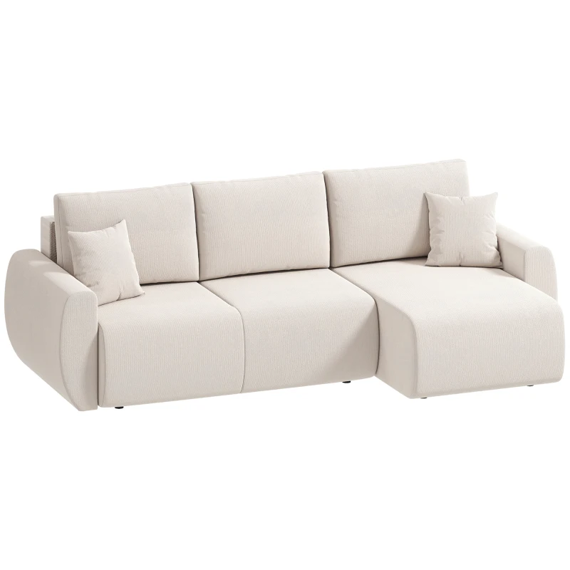 HOMCOM Schlafsofa mit Umkehrbarer Chaiselongue, L-förmiges 3-Sitzer Sofa aus Veloursbezug, Cremeweiß