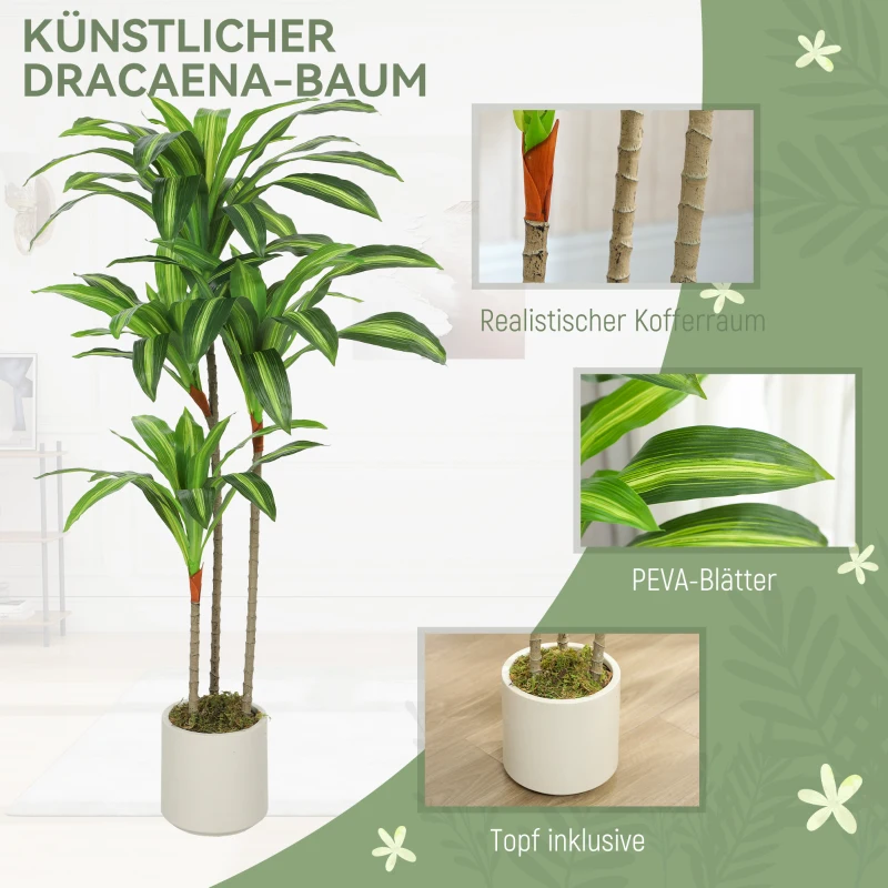 HOMCOM Kunst Dracaena Boom 120 cm met flexibele stammen en witte pot voor woonkamer, slaapkamer of kantoor