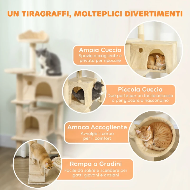 PawHut Albero Tiragraffi per Gatti Alto 140 cm con 2 Casette, Amaca, Lettino e Pali in Sisal, Beige